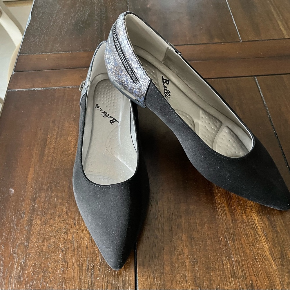 Black suede size 7.5 flat with snakeskin accent